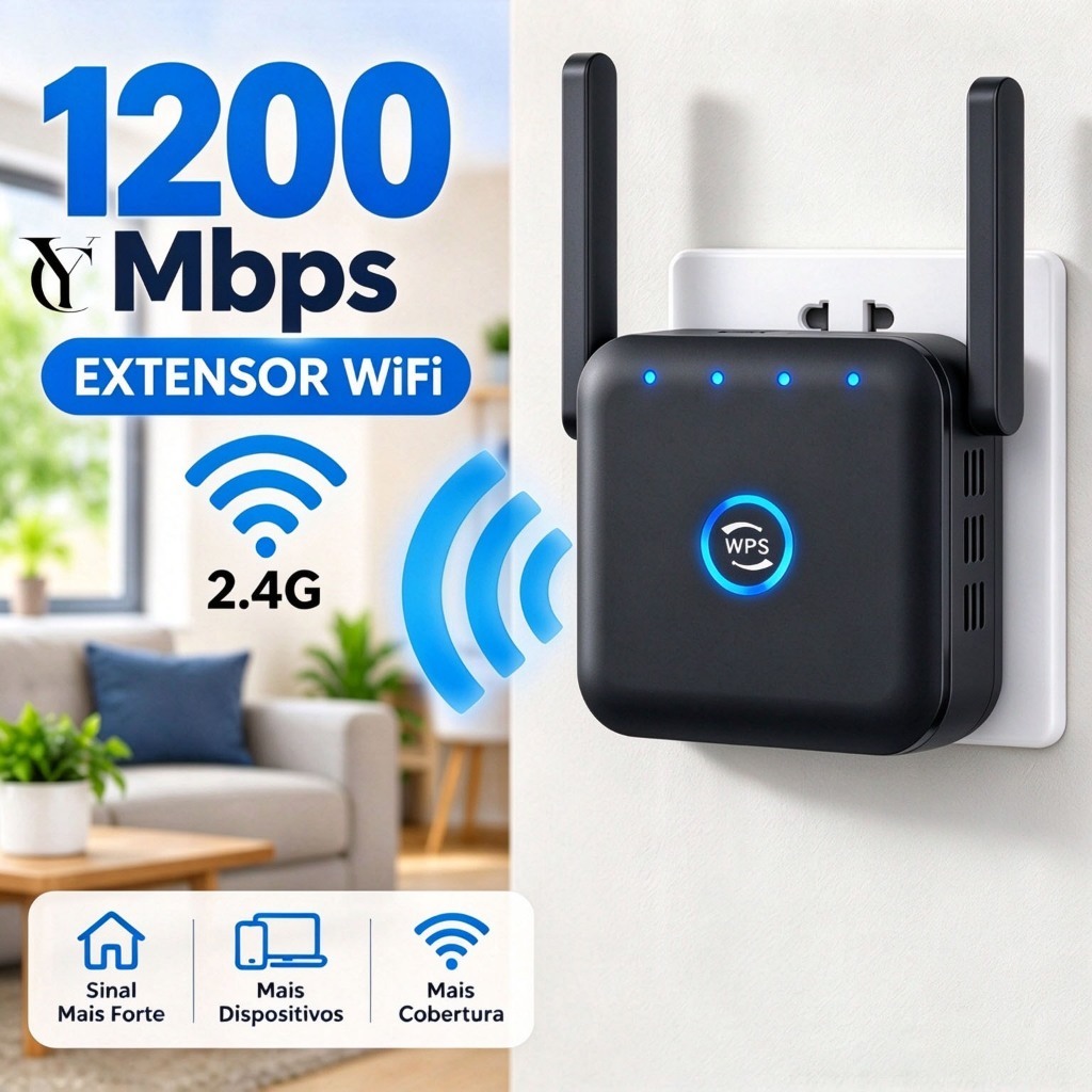 Extensor Repetidor WiFi 1200Mbps 2.4GHz Amplificador Rede Sem Fio Sinal Forte Ultra Rápido 110V/220V