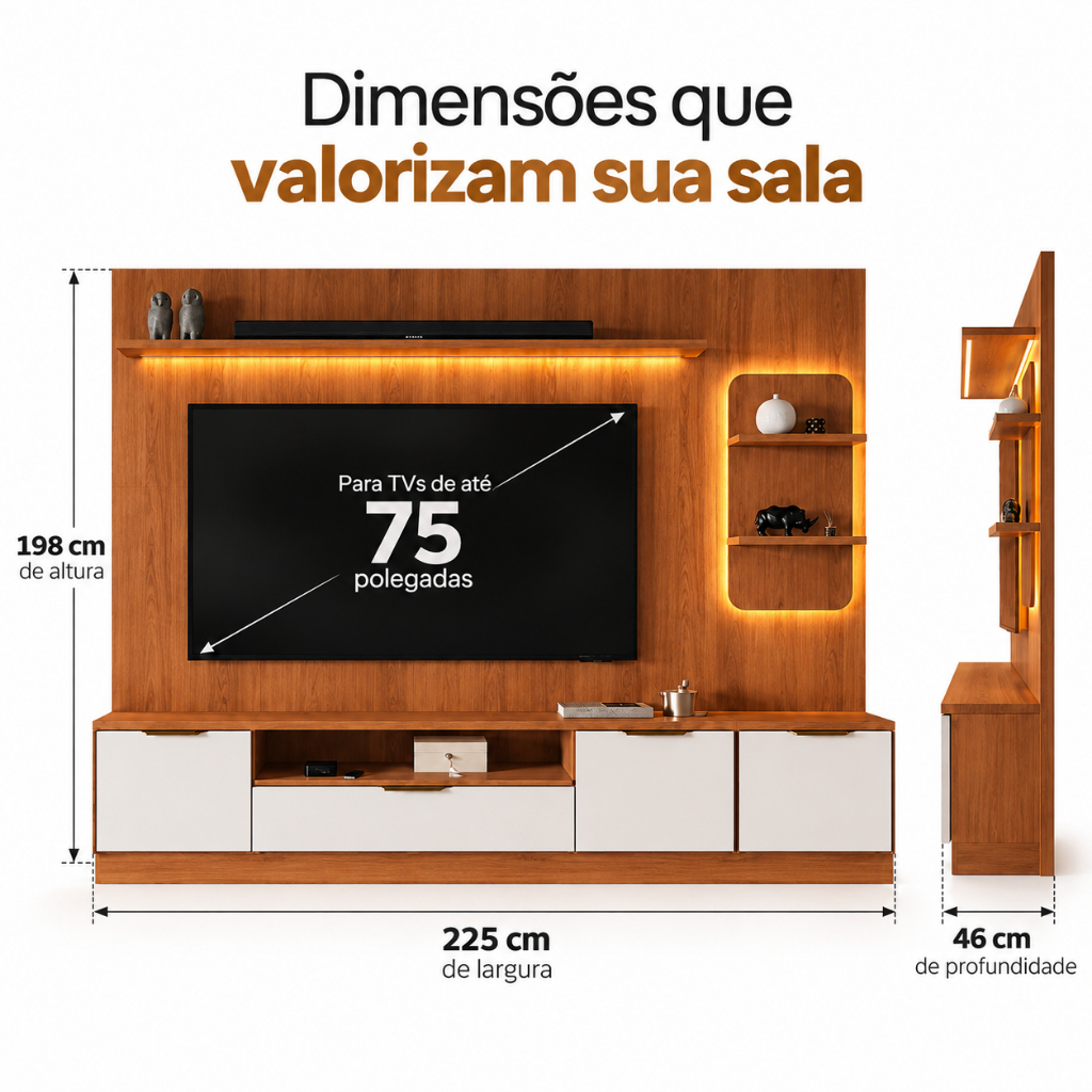 Estante Home Para TV Até 75” Noble 225cm Com Torre Nicho LED Sala Moderna Luxo Movelove · foto 2