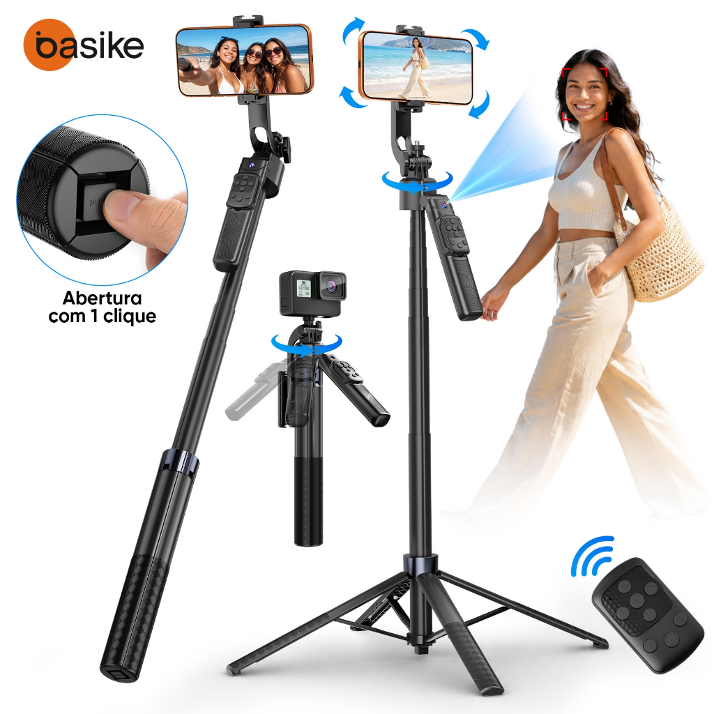 Basike Bastão De Selfie Para Celular Bluetooth Suporte De Quatro Pernas 1.8M Controle Remoto Integrado