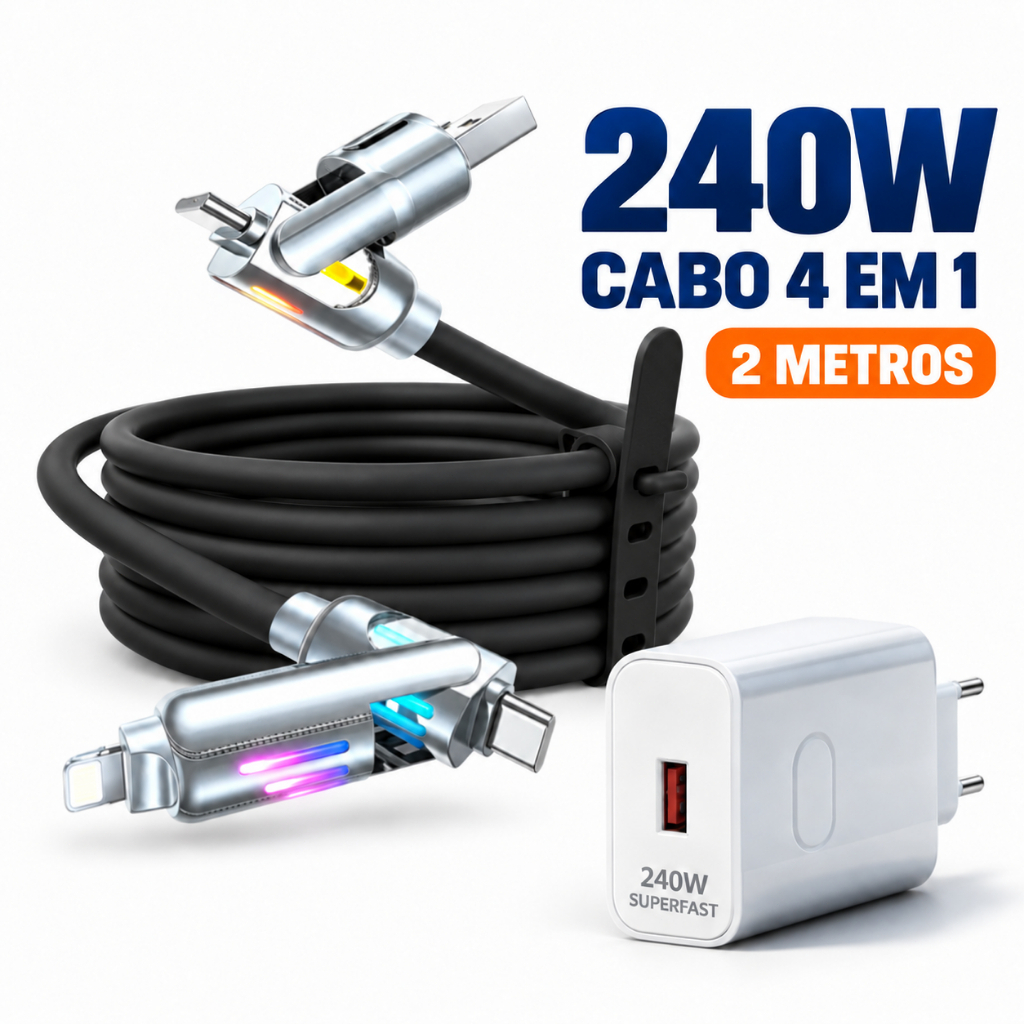 Carregador GaN 240W USB C USB A Cabo 4 em 1 Tipo C iP Carga Turbo Silicone LED 480Mbps Compatível com POCO 2M