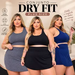 Conjunto Short Saia e Top Plus Size Dry Fit G1 G2 G3 Fitness Academia Zero Transparência Treino