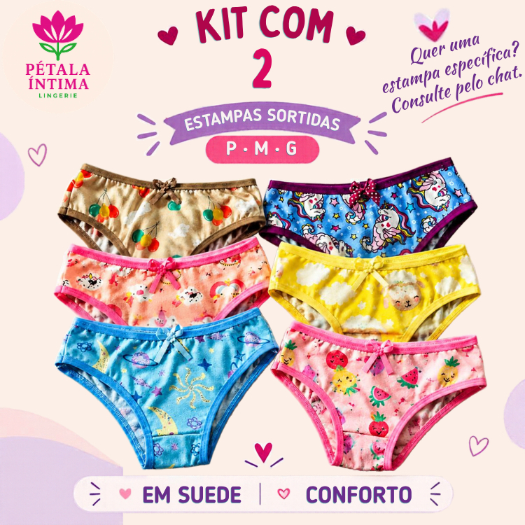 Kit 2 Calcinha Infantil Estampada Suede Confortável Calçolinha Roupa Íntima Feminina Menina Uso Diário Estampas Variadas