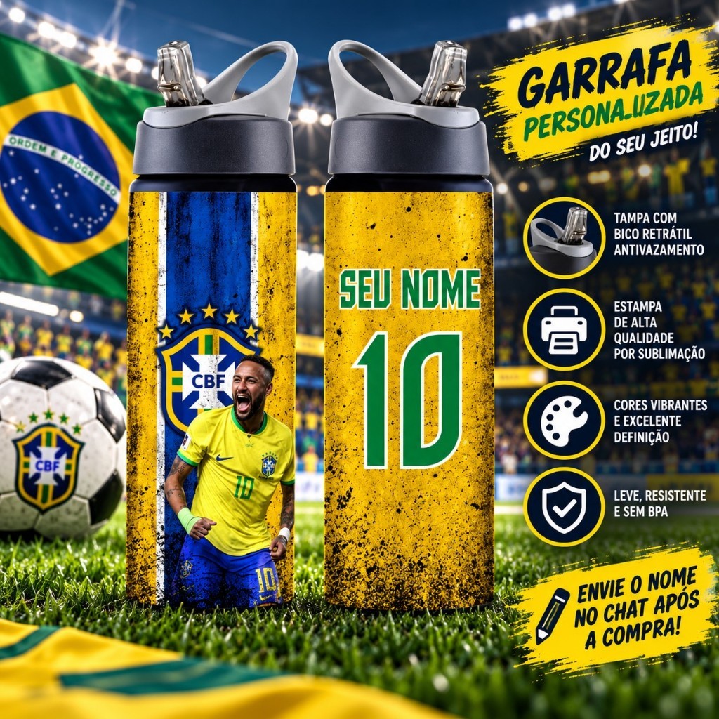 Garrafa Neymar BRASIL/Seleção Brasileira Squezee/Alumínio - 600ml – Personalizada com Nome