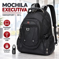 Mochila Masculina Trabalho Executiva Espaçosa Resistente Preta