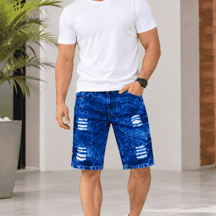 Bermuda Jeans Masculina Rasgada Destroyed ou Lisa Lycra Elastano Short Jeans Masculino Slim Verão