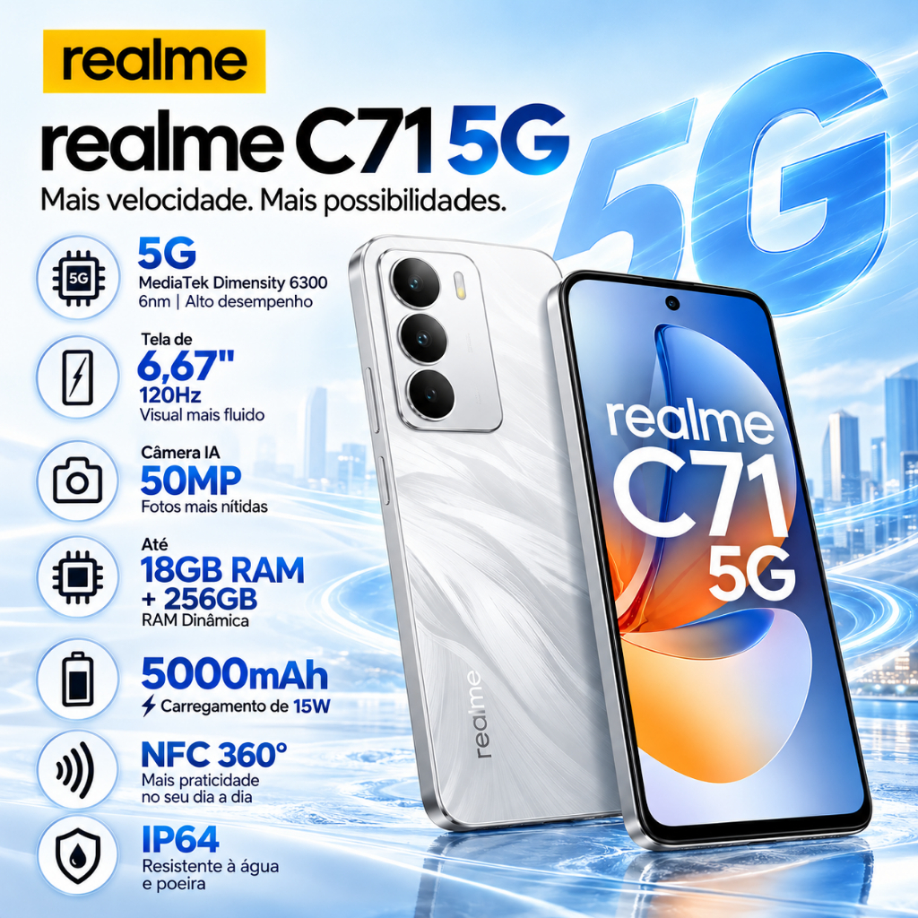 Celular Realme C71 5G Smartphone 8GB + 256GB Global versão NFC 50MP 5000 mAh Android 15 barato novo
