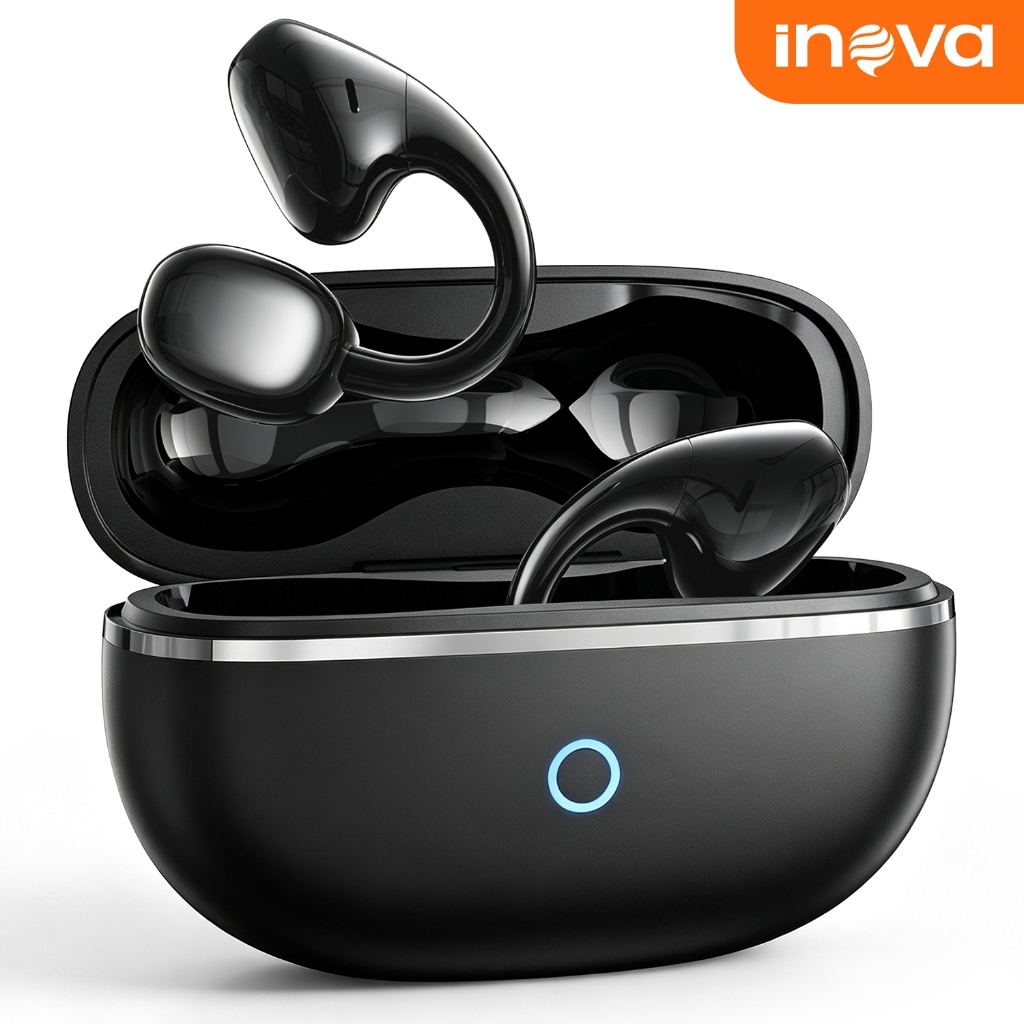 INOVA Fone Clip Ear Premium Áudio Espacial Bateria 36h IPX5 LDAC Microfone Bidirecional Leve Pena