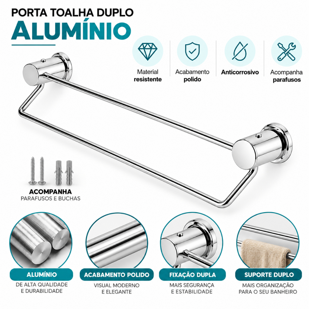 Porta Toalha de Banho Reto Duplo Super Luxo Cromado de Alumínio 62cm Resistente · foto 2