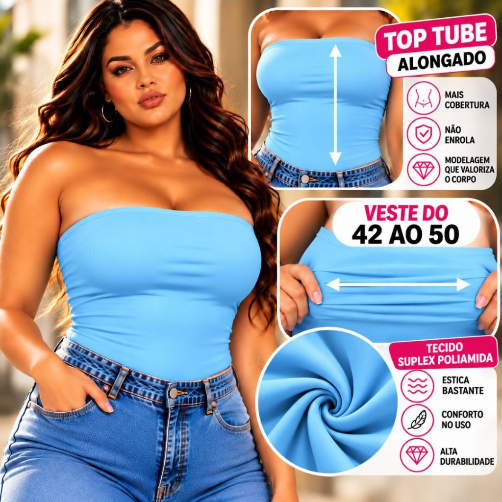 Kit Tube Top Plus Size Tomara Que Caia Feminino Tubinho Top Tube Básico Suplex Forro Duplo G1 G2 — imagem 2 de 2