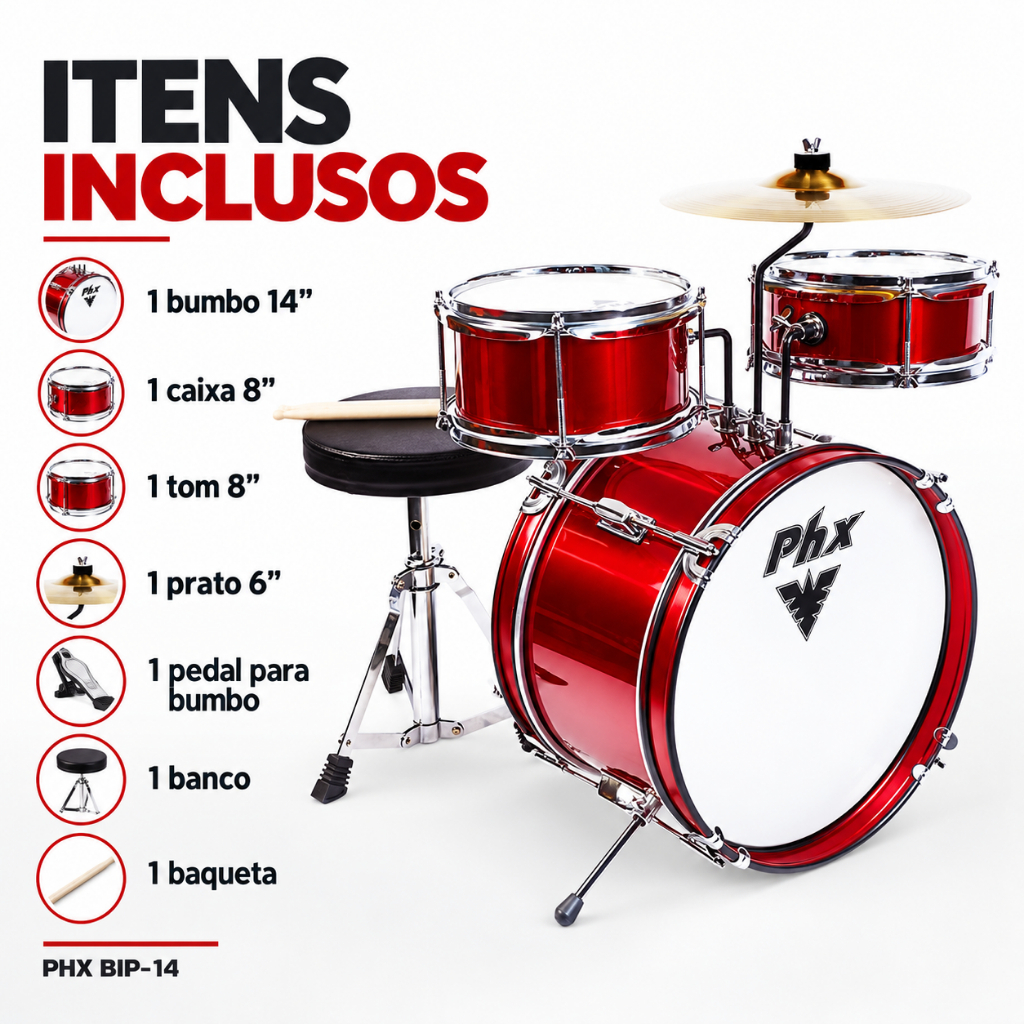 Bateria Musical Infantil PHX Com 3 Peças Madeira — imagem 2 de 2