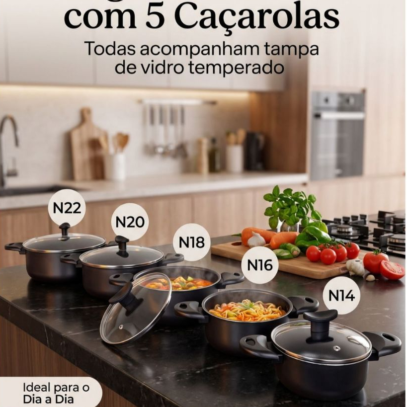 Jogo Caçarolas com 10 Peças - Antiaderente - Preto ou Cereja