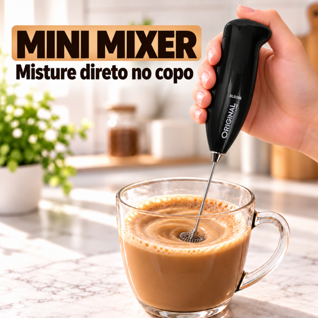 Mini Mixer Elétrico Original Line Misturador de Bebidas Café Cappuccino Leite 2 Pilhas AA