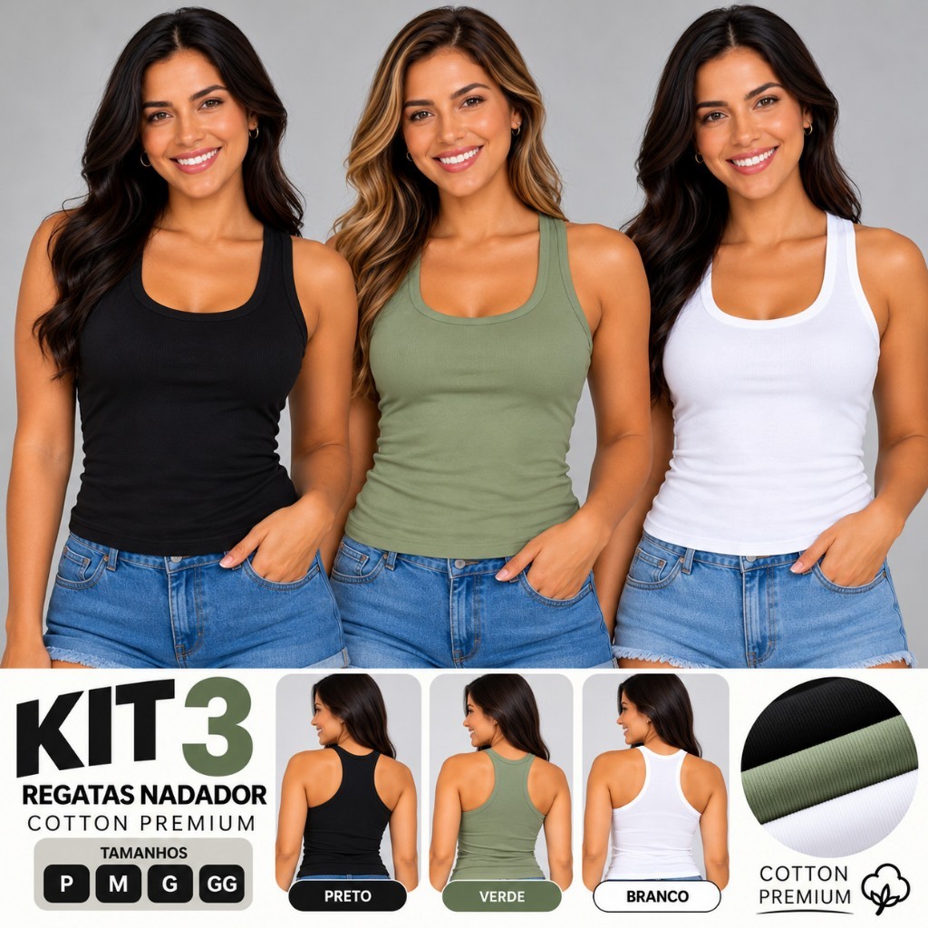 Kit 3 Regata Feminina Nadador Cotton Elastano Básica Casual Confortável Leve Versátil  25618-K3C1