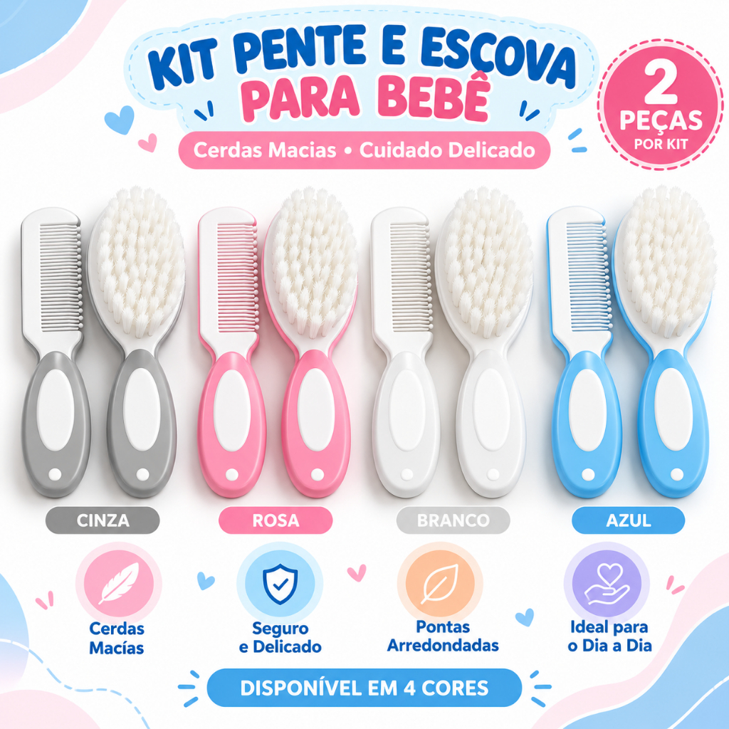 Kit Escova e Pente para Bebê Cerdas Macias Cuidados e Higiene Capilar Infantil