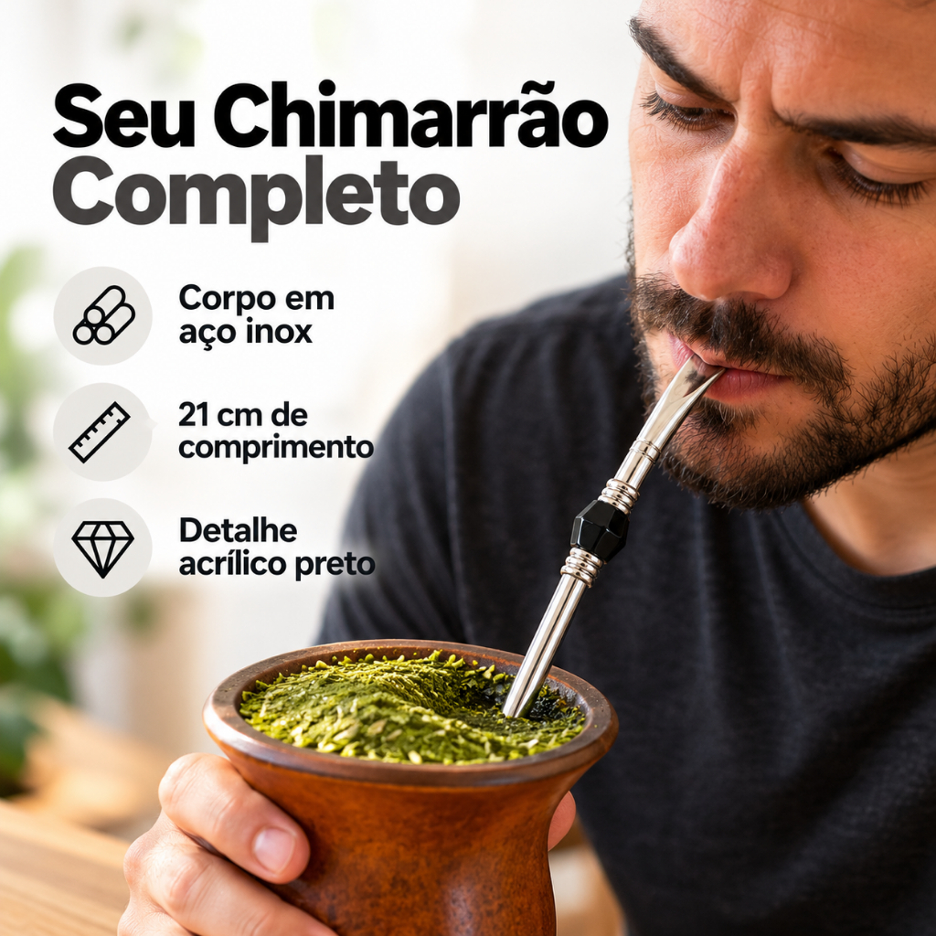 Bomba de Chimarrão Aço Inox Pedra Acrilica Preta 23cm — imagem 2 de 2