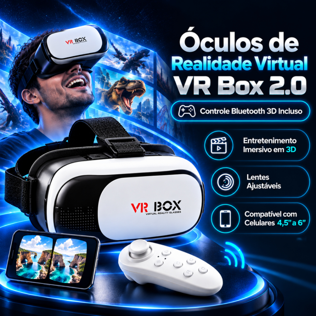 Óculos de Realidade Virtual VR Box 2.0 com Controle Bluetooth, Design Ajustável, Alta Imersão 3D para Celular