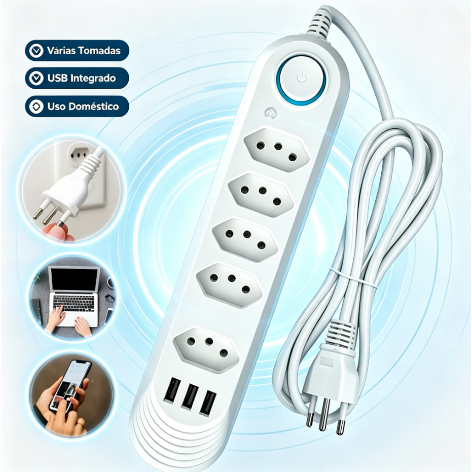Extensão 6 Tomadas com 3 USB e TypeC Universal Bivolt 110v/220v 2500W Power 2m Filtro De Linha Segurança