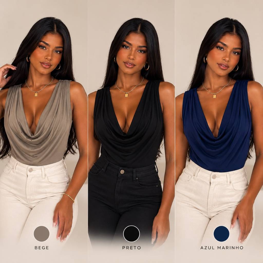 Body Feminino Gola Boba Drapeado Elegante Regata Decote Degagê Moda Feminina Casual Social Chique Versátil para Trabalho