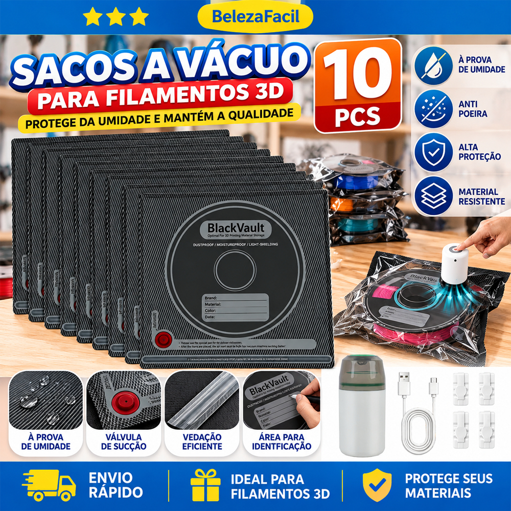 Kit 10 Sacos a Vácuo para Filamento Impressora 3D com Bomba Elétrica PLA PETG ABS