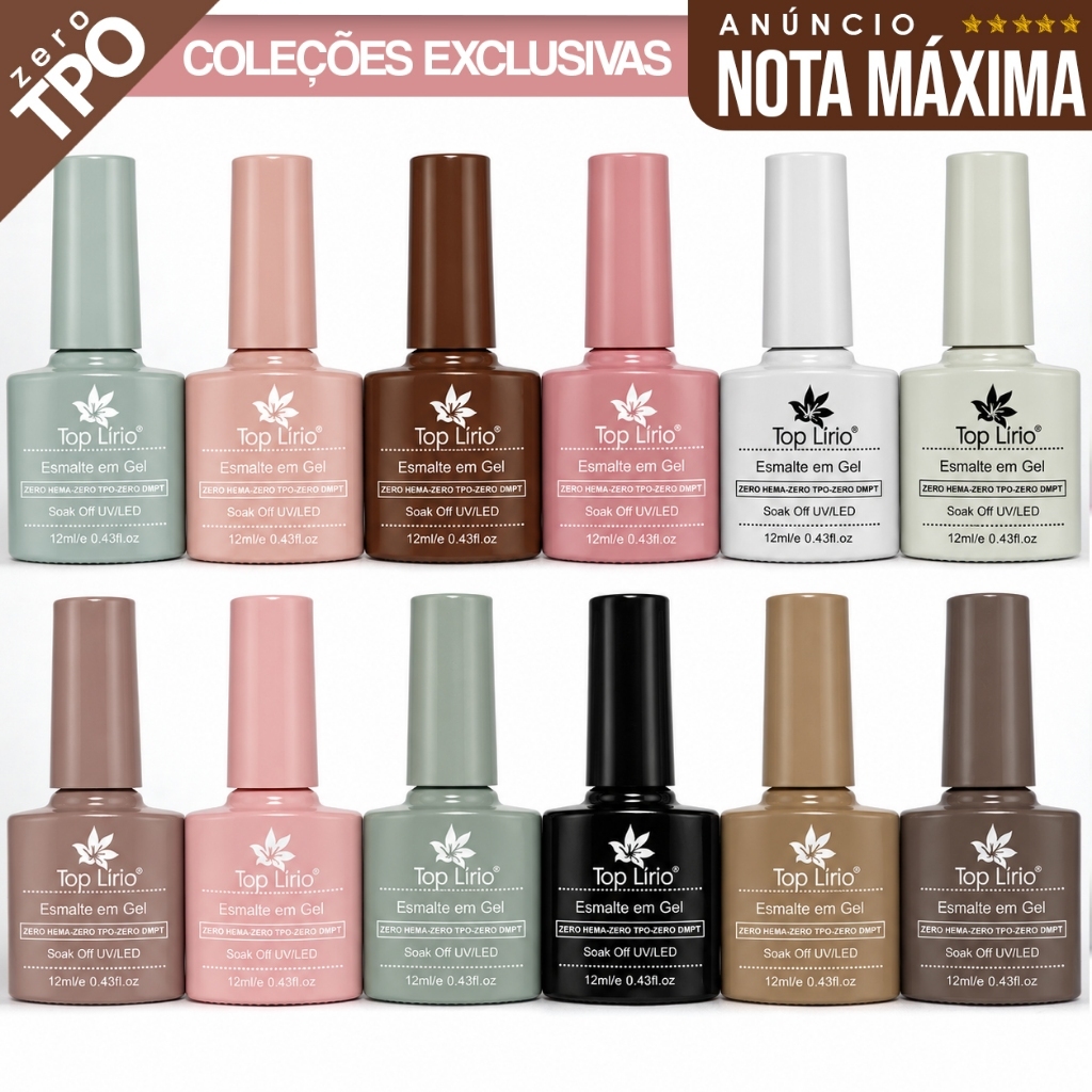 Kit 12 Esmaltes em Gel Led Uv COLEÇÕES p/ Unhas Manicure 12ml Lirio/Bella Rosa
