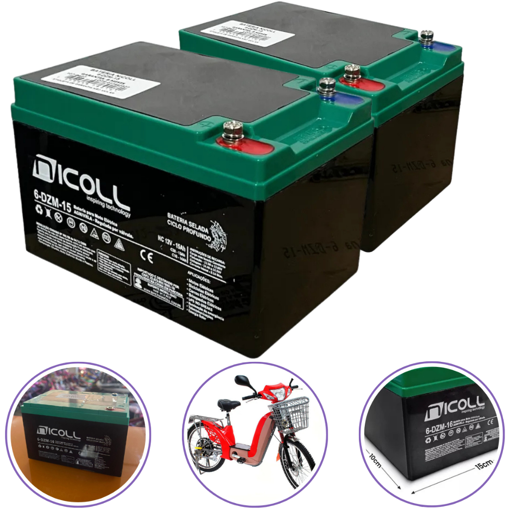 Kit 2 Baterias Nicoll 12v 16ah Ciclo Profundo Bike Elétrica Patinete Elétrico Triciclo Elétrico