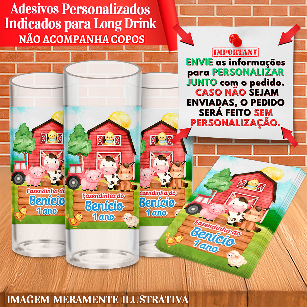Adesivos Personalizados Fazendinha aquarelado - Indicados para Copo Long Drink