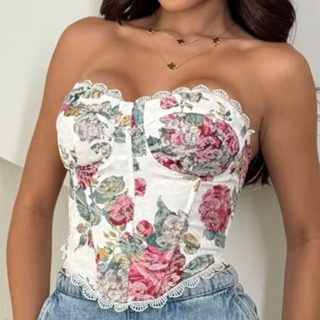 Top cropped estampado sem alças com bojo e amarração nas costas - Look de festa de verão/Sobreposição para primavera/out em Oferta na Shopee