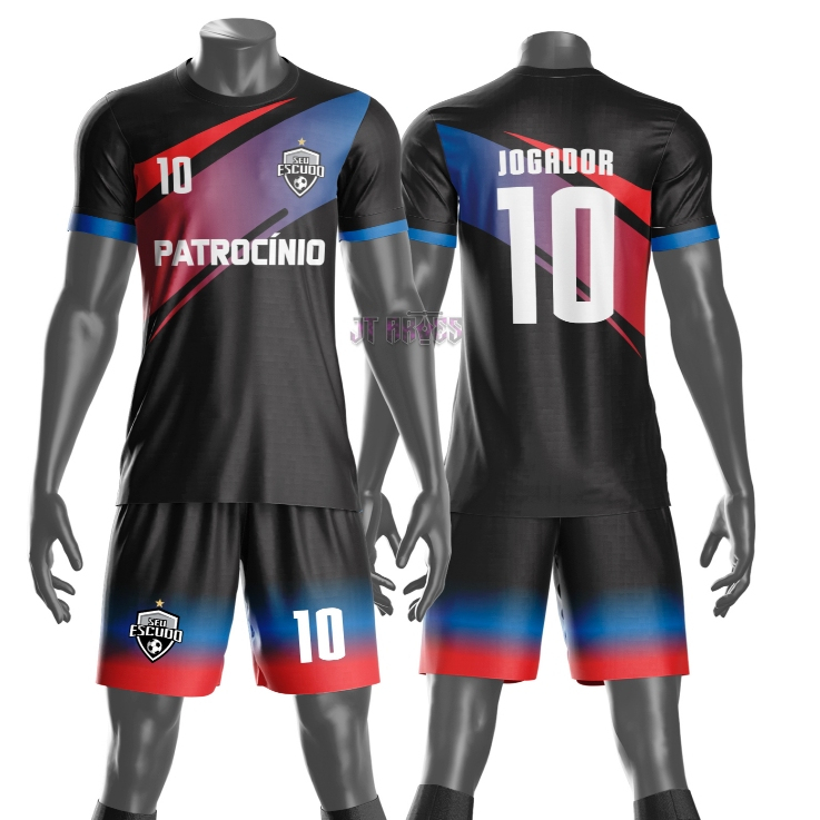 Uniforme jogador futebol amador esportivo camiseta e calção personalizavél nome número escudo mod 18