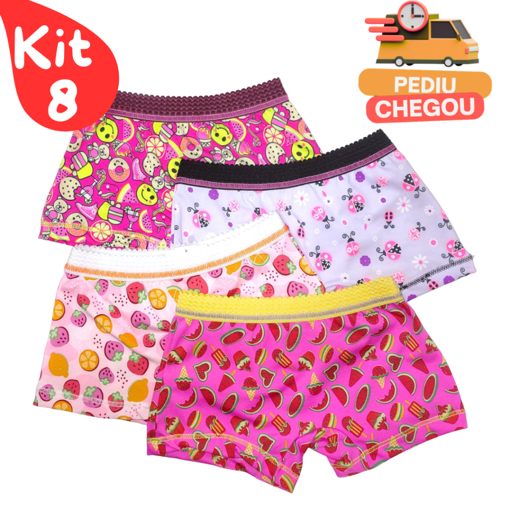 Kit 4/8 Calcinha Infantil Feminina Boxer Criança Algodão Confortável Estampada Menina
