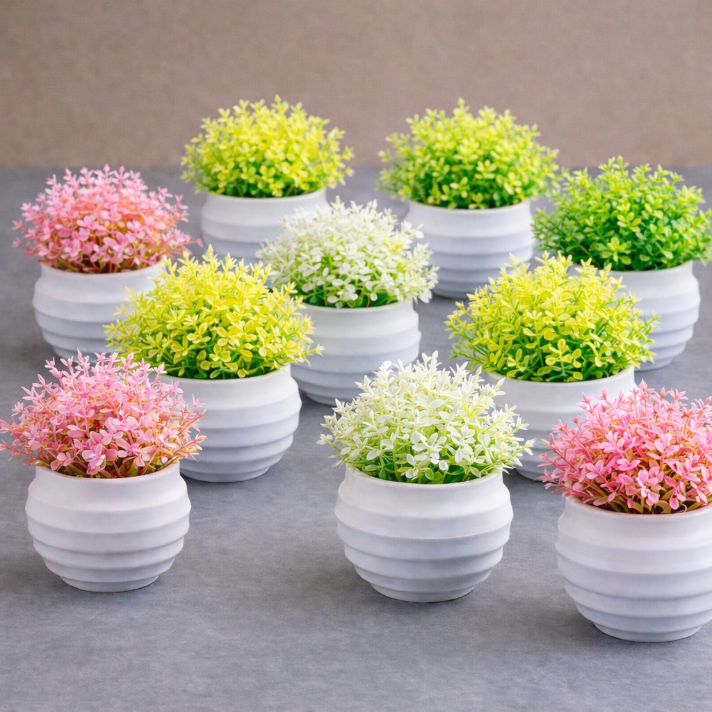 Kit 5 a 10 Vasinhos Branco de Planta Artificial Flores Decorativos Decoração Rack Sala Cachepot