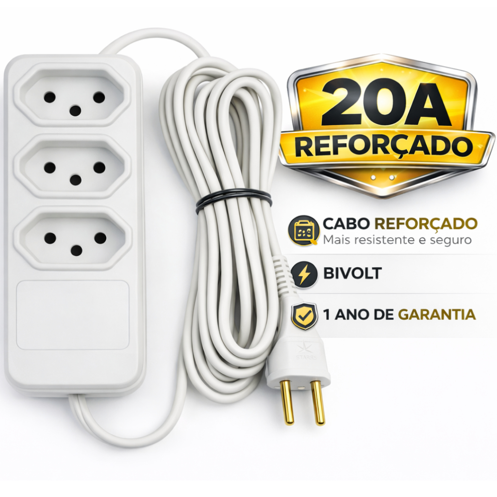 Extensão Elétrica 3 Tomadas 20A Bivolt 110 / 220V Fio Reforçado 1M/2M/3 Metros Para Airfryer Secador em Oferta na Shopee