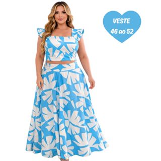 Conjunto plus size moda maior de saia GODÊ longa e cropped de alça babado TECIDO CREPINHO cores e estampas variadas. em Oferta na Shopee