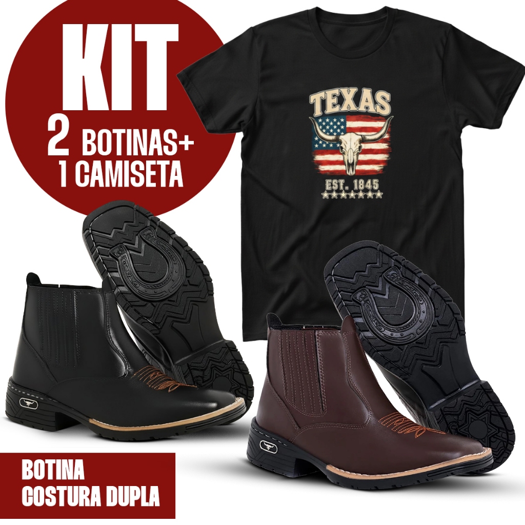 Botina Texana Masculina + Camiseta Estampa Country Kits Promocionais Bota Cowboy Bico Quadrado