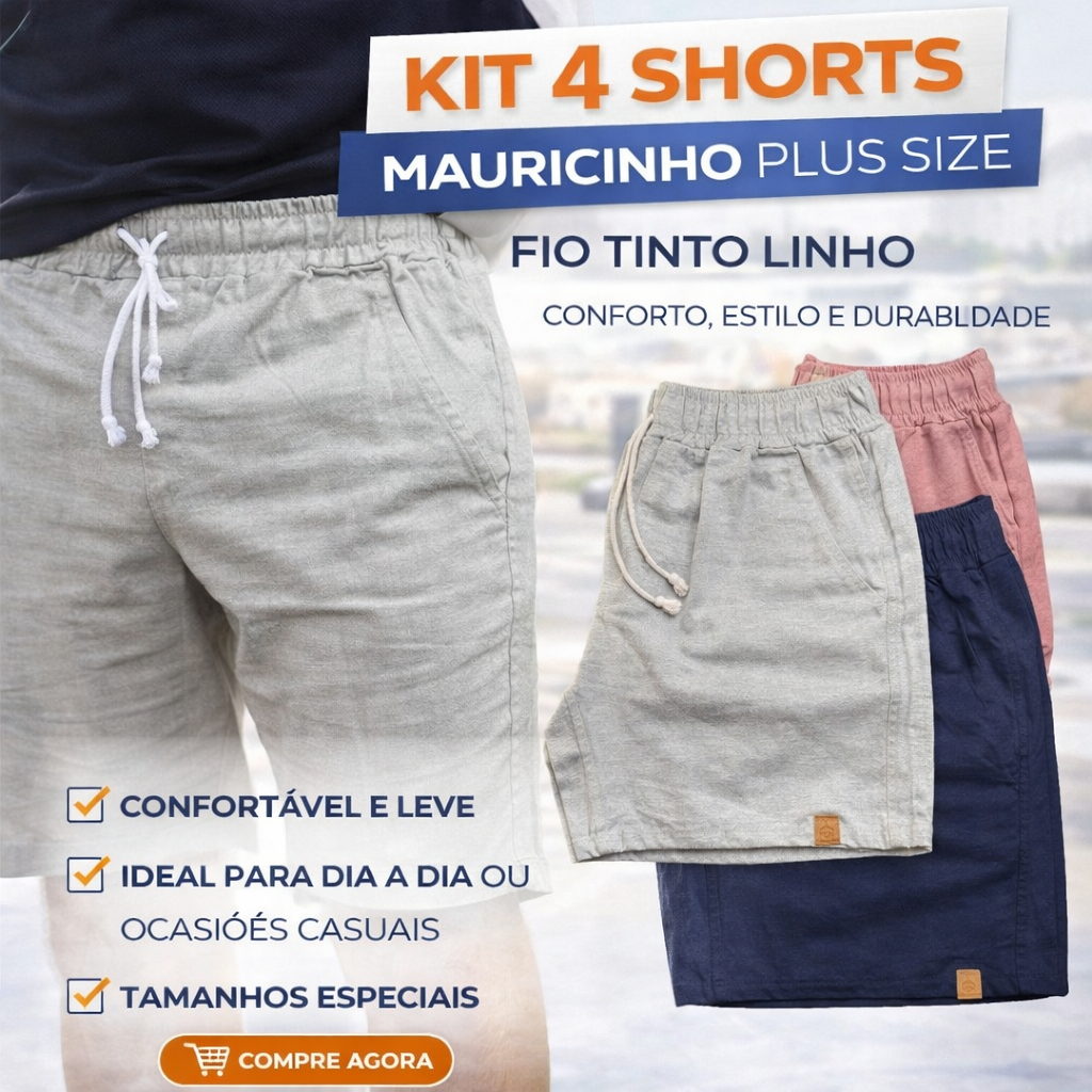 KIT 4 SHORTS MAURICINHO PLUS SIZE – FIO TINTO COM TEXTURA DE LINHO