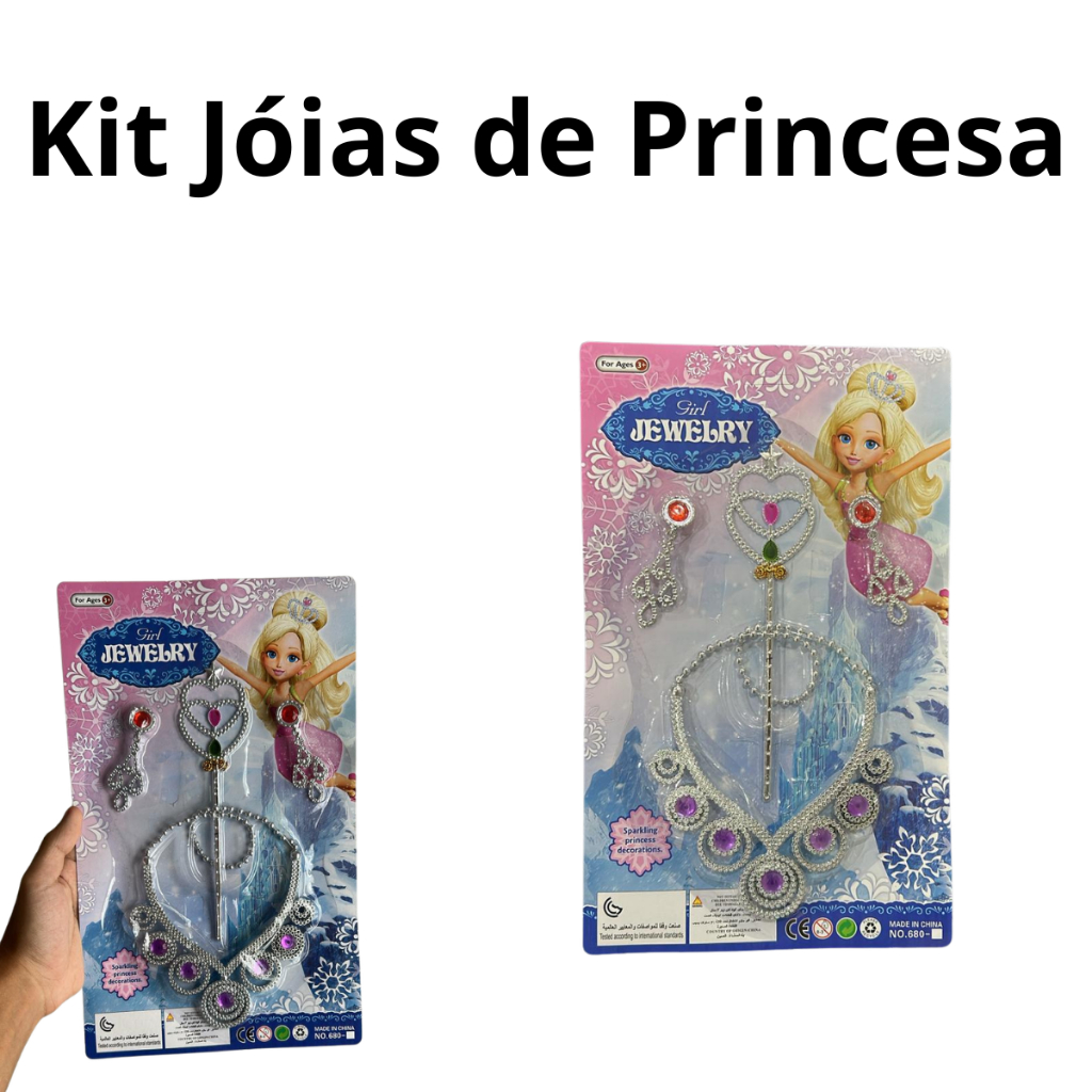 Kit de Joias Princesa Infantil Menina Tiara Coroa Pulseira Brincos Brinquedo +3 Anos Diversão e Imaginação Segura