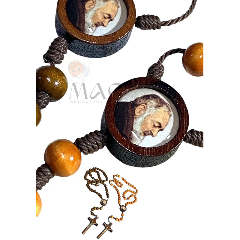Terço de madeira Padre Pio | Terço Padre Pio com medalha resinada