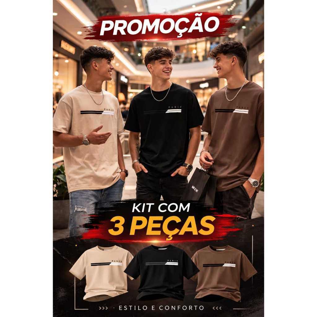 Kit 3 Camisas Masculinas 100% Algodão Premium Conforto Moda Casual Street Paris em Oferta na Shopee