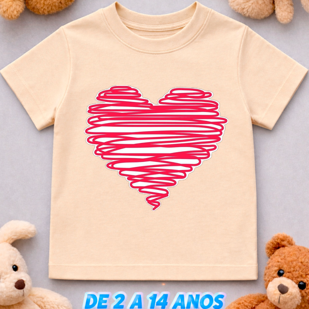 Camiseta Infantil Juvenil Coração Grande Algodão Conforto Diário Menina Unissex