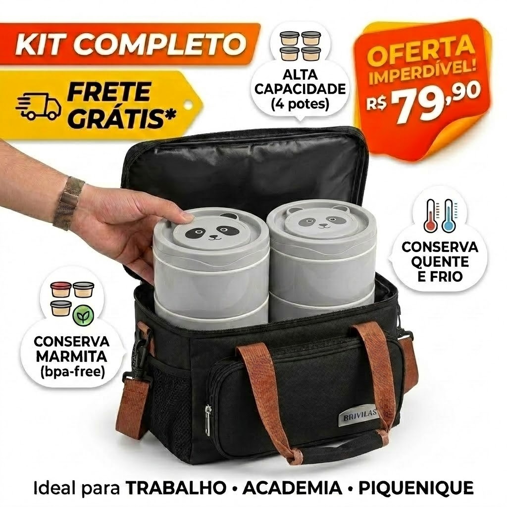 Kit Bolsa Térmica Grande Impermeável + 4 Marmitas Fitness Academia Trabalho Lancheira Térmica Escolar