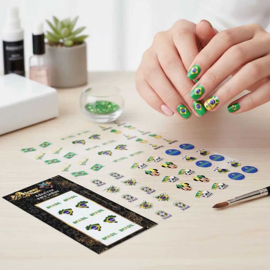 Nail Art Adesivo de Unha 3D do Brasil - Seleção Brasileira Verde e Amarela - Copa do Mundo - Futebol - Patria Amada