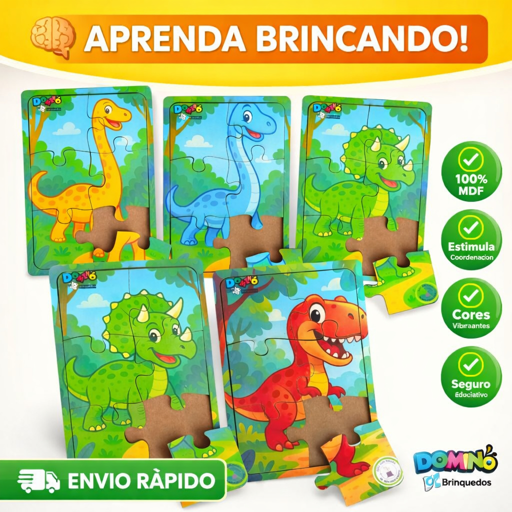 Kit 4 Quebra Cabeça em Mdf 6 Peças Jogo Pedagógico Infantil Lúdico Educativo DINOSSAURO
