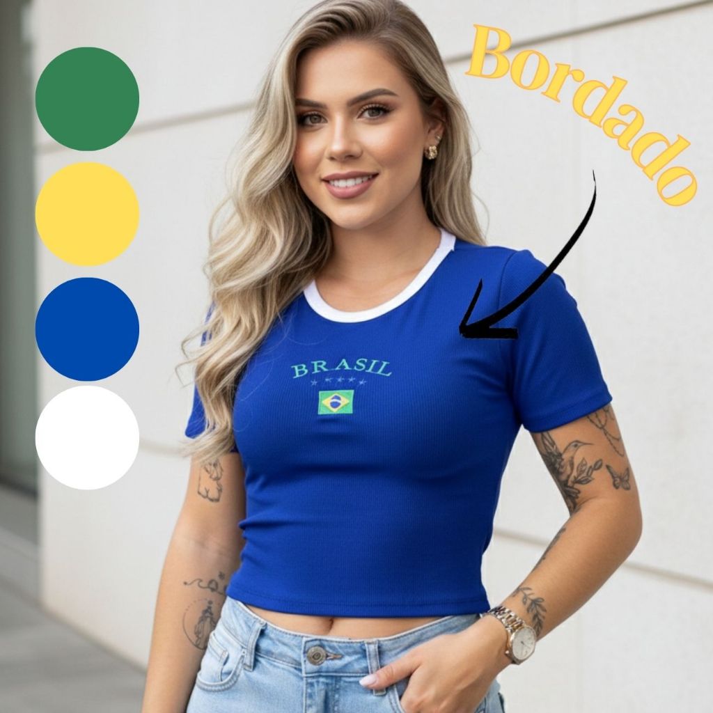 Blusa Feminina Cropped Brasil Copa Canelado Ribana Bordado