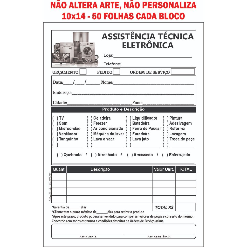 05 Blocos Assistência Eletrônica 10x14 c/ 50 folhas por talão Orçamento Ordem Serviço Técnica Conserto em Oferta na Shopee