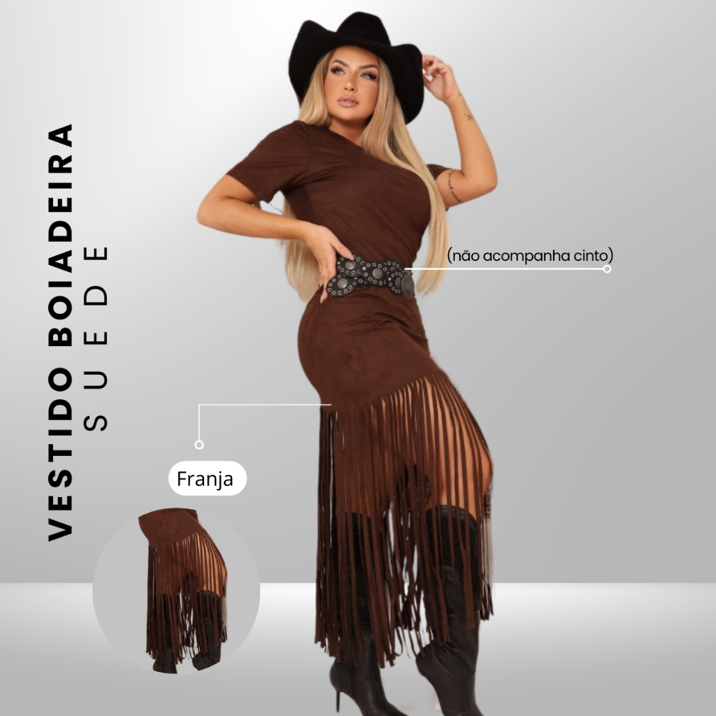 VESTIDO FEMININO SUEDE COM FRANJA RODEIO ANA CASTELA P AO GG em Oferta na Shopee