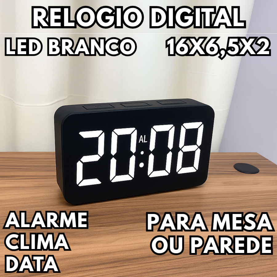 Relogio De Led Digital 16X6,5X2 Leds Brancos Para Mesa E Parede Data Alarme Temperatura