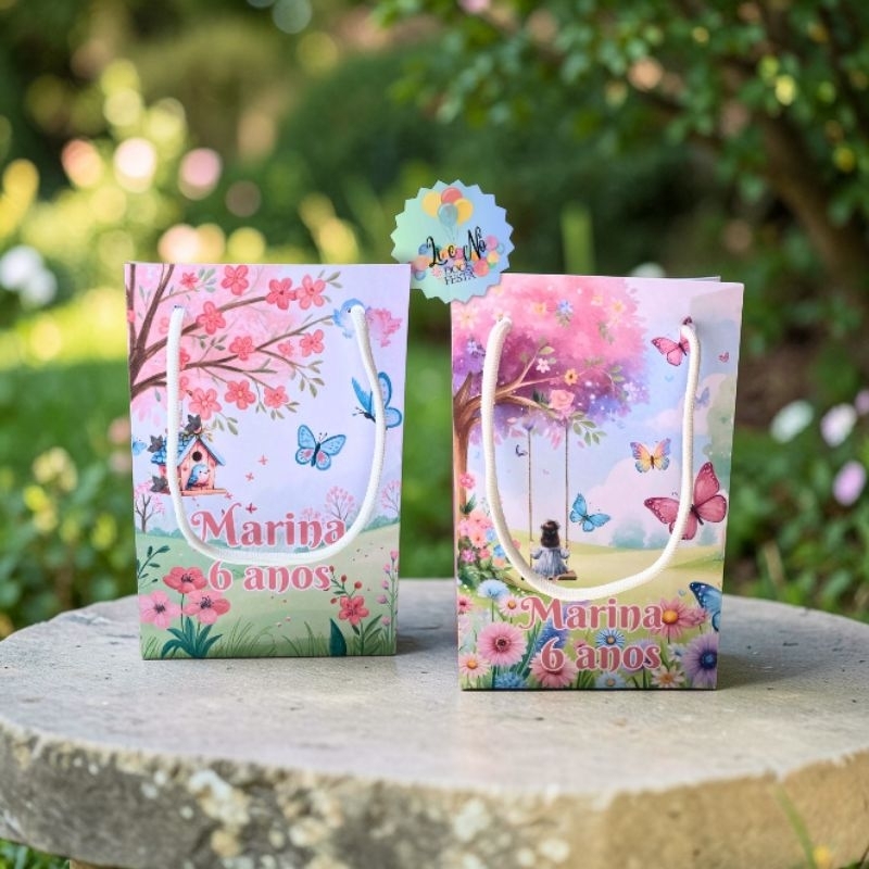 Sacolinha de Presente Jardim das Borboletas Lembrancinha de Aniversário Surpresa Infantil Personalizada Pegue Monte