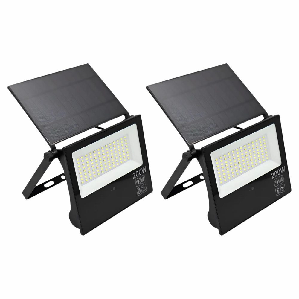 Kit 2x Refletor Solar LED Até 300W IP66 6500K Fotocélula Com Sensor De Movimento Placa Integrada