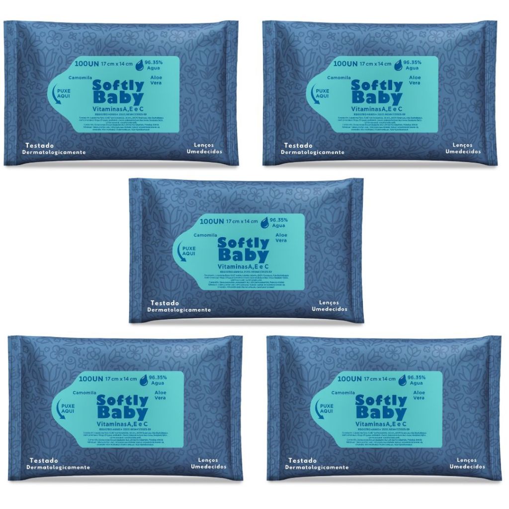 500Un Lenço Umedecido Baby Softly – com Vitaminas A, E, C, Aloe Vera e Camomila (5 pacotes )