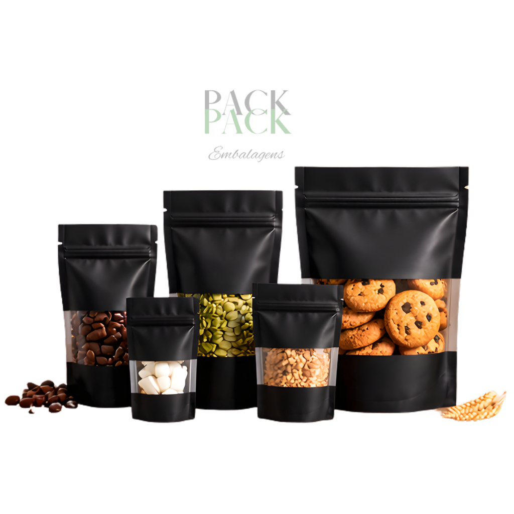 Kit 50 Stand Up Pouch Preto Metalizado Zip e Visor – Saco Hermético Reutilizável Alimentos e Doces em Oferta na Shopee