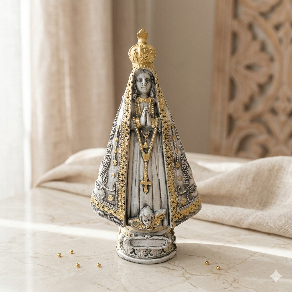 Nossa Senhora Aparecida 15cm em Gesso Marmorizado e Dourado Imagem Sacra Religiosa Decorativa